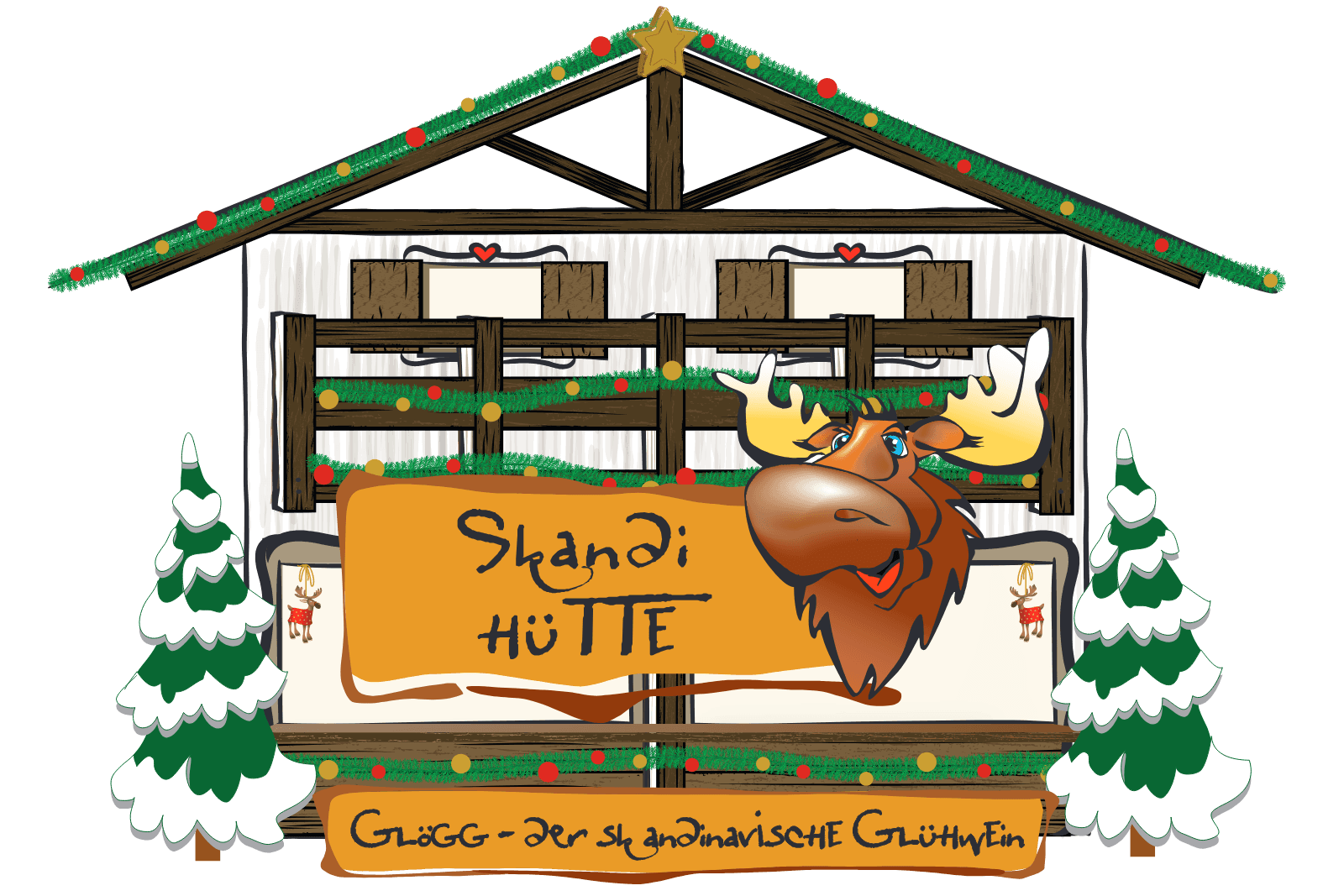 Skandi-Hütte – Logo mit geschmückter Weihnachtshütte und Elch